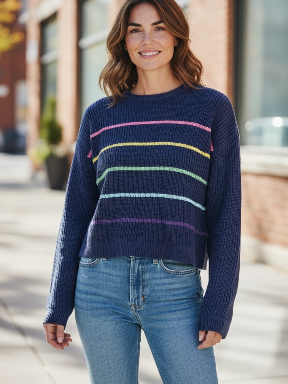 Place Navy Crewneck Sweater with Pastel Rainbow Stripes